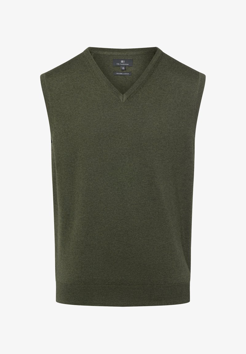 Maglione senza maniche in cotone verde scuro con scollo a V, caratterizzato da un orlo a coste e una texture liscia. Taglio minimalista e classico.