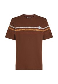 Brown short-sleeve t-shirt featuring horizontal stripes in white, orange, and brown. Includes a circular logo on the left side.