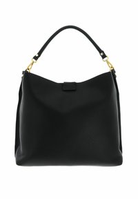 Sac en cuir noir texturé avec une seule poignée supérieure et des fermoirs en ton doré, présentant une discrète fermeture à rabat sur fond blanc.