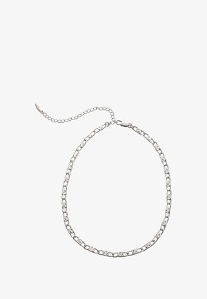 Ezüst lánc nyaklánc hosszúkás szemekkel, sima felülettel, és állítható kapoccsal, valamint egy méretbeállítást segítő hosszabbító lánccal.