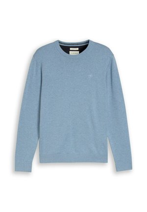 Hele sinine pikkade varrukatega ümarakaelusega kampsun, millel on soonikud varrukate otstes ja ääres ning minimaalne logo rinnal, esitatud valgel taustal.