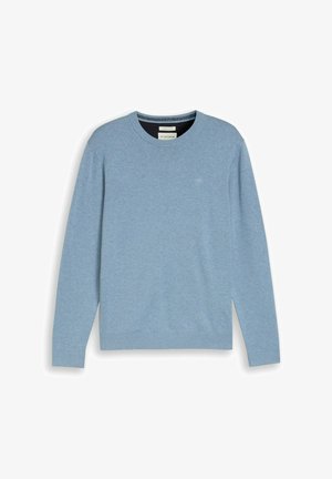 Pull bleu clair à manches longues avec col rond, poignets et bordure côtelés, logo minimaliste sur la poitrine, présenté sur fond blanc.