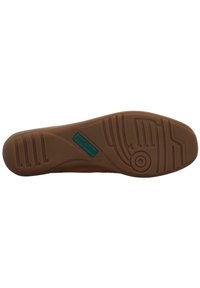 Brown rubber shoe sole with a textured design, featuring grooves and circles. Includes a blue-green label with "Josef Seibel" and size 38.