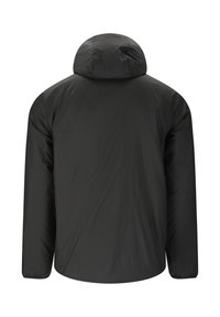 Sort hættejakke set bagfra med lange ærmer, lavet af letvægts, let tekstureret stof.