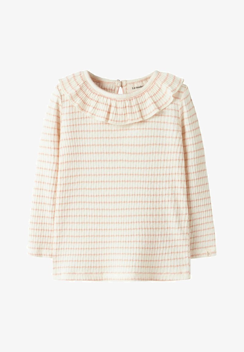 Lys beige langermet topp med en samlet volangkrage, horisontal teksturert mønster og rosa sjakkdetaljer. Nøkkelhulllukking bak.