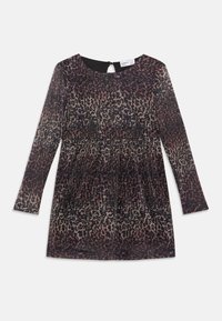 Meitenēm paredzēta kleita ar garām piedurknēm un apaļu dekoltē, leoparda raksta apdruka brūnu, melnu un tumši sarkanu toņu salikumā, kā arī ar slēgšanu aizdarei ar pogu.