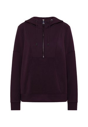 Felpa con cappuccio viola scuro, con mezza zip frontale, cordini, maniche lunghe e tasca a marsupio.
