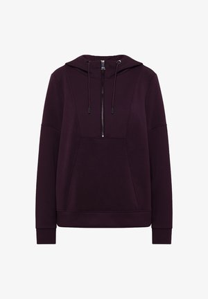 Felpa con cappuccio viola scuro, con mezza zip frontale, cordini, maniche lunghe e tasca a marsupio.