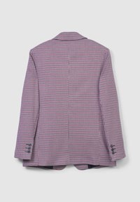 Blazer a motivo pied-de-poule in viola, bianco e rosso. Caratterizzato da revers con punta, due spacchi posteriori e polsini con tre bottoni. Tessuto testurizzato.