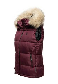 Padded maroonski prsluk s kapuljačom od umjetnog krzna, s džepovima na zatvarač i crnim uzorkom obloge. Gladak materijal s sjajnom završnom obradom.