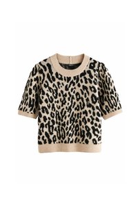 Pulover tricotat cu mânecă scurtă, de culoare bej, cu un model de leopard negru. Dispune de un guler rotund cu nervuri și un material texturat.