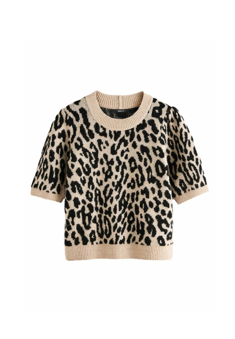 Pulover tricotat cu mânecă scurtă, de culoare bej, cu un model de leopard negru. Dispune de un guler rotund cu nervuri și un material texturat.
