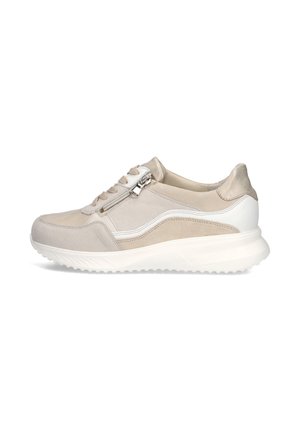 Beiger und weißer Sneaker mit Schnürung vorne, seitlichem Reißverschluss, gepolsterter Sohle und einer Mischung aus Wildleder- und Leder-Materialien.