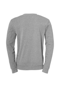 Grijze sweatshirt met lange mouwen, ronde hals en geribbelde manchetten en zoom. Gladde textuur en eenvoudig ontwerp, zonder zichtbare logo's of patronen.