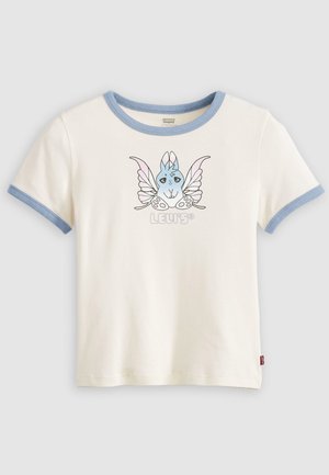 Cream short-sleeve t-shirt with blue ribbed collar and trim. Features a graphic of a blue bunny with wings and "LEVI'S" text beneath.