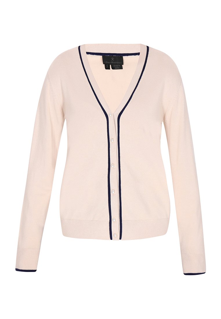 Crème-kleurige cardigan met marineblauwe bies langs de V-hals, knopenrij en mouwen, met lange mouwen en kleine knopen.