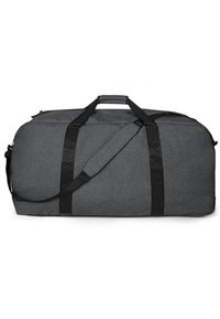 Grande borsa a sacco in tessuto grigio scuro, con due manici neri, una tracolla imbottita e un compartimento principale con zip.