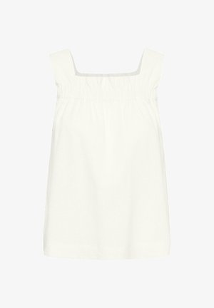 Biele šaty bez rukávov so štvorcovým výstrihom a nariaseným elastickým detailom na hrudi, vyrobené z ľahkého materiálu.