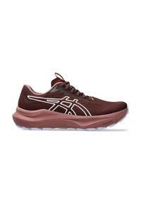 Laufschuh mit einem oberteil aus dunkelrotem Mesh, weißen Logodetails und einer dicken pinken Sohle. Verfügt über eine glatte Textur und runde Schnürsenkel.