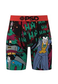 Men's boxers featuring a colorful Batman and Joker design. Made of fabric with a red waistband, black background, and bold green and purple accents.