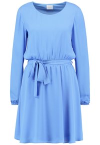 Ljusblå långärmad klänning med rund halsringning, elastisk midja och bindebälte. Mjuk tyg med en avslappnad passform och rynkade ärmar.