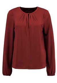 Bordowa bluzka z długim rękawem, z marszczonym przodem, okrągłym dekoltem i elastycznymi mankietami. Gładki materiał o lekko połyskującej strukturze.