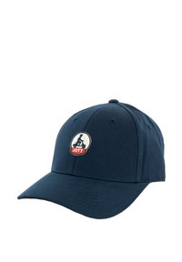 Marineblauwe pet van katoen met een gebogen rand, met aan de voorkant een rond geborduurd logo met een fiets en "JOTT" in het rood.