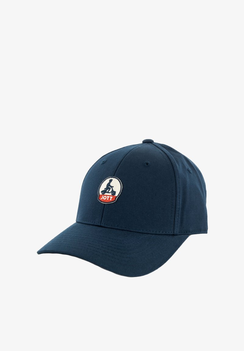 Gorra azul marino de algodón con visera curva, que presenta un logo circular bordado con una bicicleta y "JOTT" en rojo en la parte delantera.