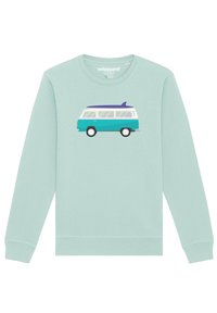 Sweatshirt vert menthe clair avec un graphique d'un van vintage portant une planche de surf sur le toit. Tissu doux et poignets côtelés.