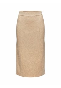Jupe crayon longueur genou en tissu beige clair. Présente une texture lisse et une silhouette ajustée avec une ceinture large.
