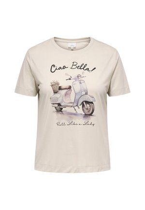 Beige t-shirt with vintage scooter illustration, flower basket, and text "Ciao Bella!" and "Roll Like a Lady" on front.