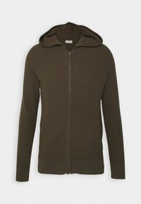 Mörkgrön zip-up hoodie med ribbad textur, långa ärmar och huva. Har en slät dragkedja och åtsittande mudd och nederkant.