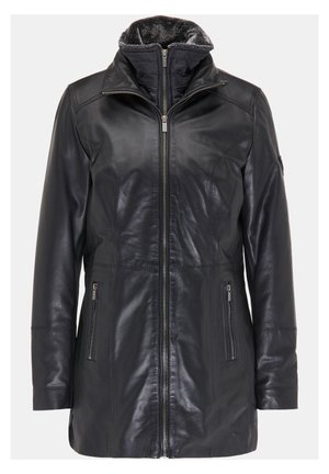 Black leather jacket with a zip front, high collar, and two side pockets. Features a soft grey lining and fitted silhouette.