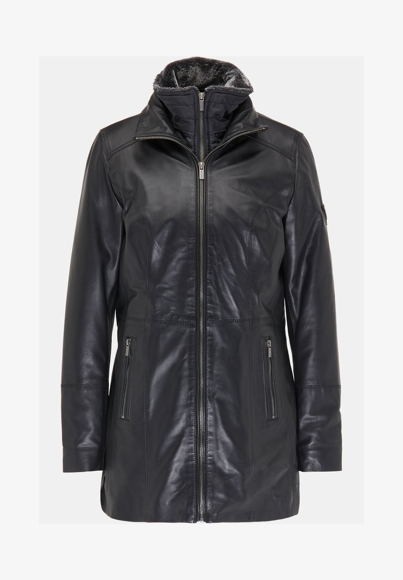 Schwarze Lederjacke mit Reißverschluss vorne, hohem Kragen und zwei Seitentaschen. Merkmale sind ein weiches graues Futter und eine taillierte Silhouette.