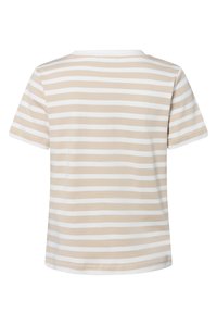 Beige en witte gestreepte t-shirt met korte mouwen, zachte stof, ronde halslijn en een rechte snit. Geen zichtbare etiketten of versieringen.