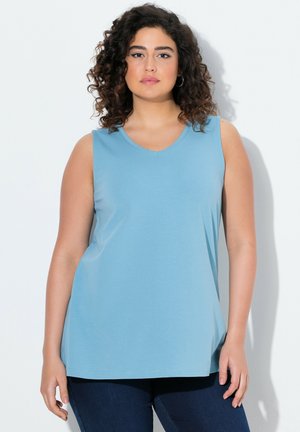 Top senza maniche di colore blu chiaro con scollatura a V, realizzato in tessuto morbido. Presenta una vestibilità comoda e un orlo leggermente curvato per il massimo del comfort.