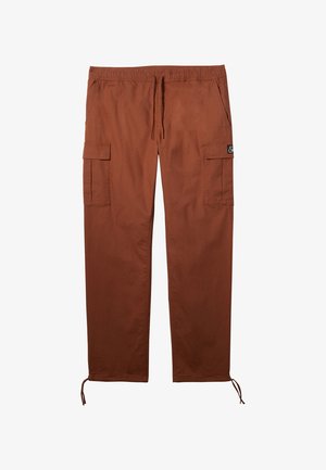 Brown cargo pants with an elastic waistband, drawstring, two side pockets, and tapered cuffs. Made from lightweight fabric with a textured finish.