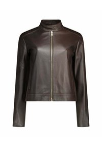 Giacca in pelle marrone con colletto alto, chiusura con zip e maniche lunghe. Presenta una texture liscia e un design minimalista.