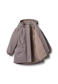 Šviesiai pilka gobtuvu aprišta striukė su elastinėmis rankogaliais ir priekinė kišene. Minkštas smėlio spalvos fliso pamušalas; išorinė medžiaga lygi ir patvari.