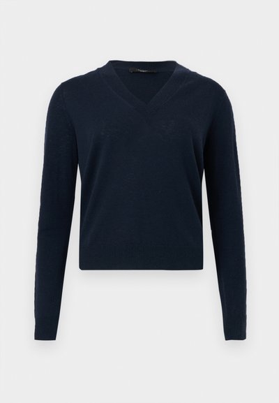 Pull bleu marine à col en V avec manches longues, poignets et ourlet côtelés, présenté sur un fond gris clair.