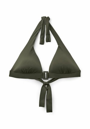 Top de bikini en forma de triángulo de color verde oscuro con lazos en el cuello estilo halter y cierre frontal, colocado sobre un fondo blanco.