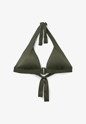 Top de bikini en forma de triángulo de color verde oscuro con lazos en el cuello estilo halter y cierre frontal, colocado sobre un fondo blanco.