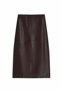 Jupe crayon en cuir marron avec une texture lisse, longueur genoux, dotée de deux poches latérales et de détails de couture minimalistes.