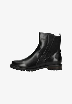 Schwarze Lederstiefeletten mit glatter Oberfläche, elastischen Seiteneinsätzen und einer strukturierten Rückseite. Gummisohle mit Profil für zusätzlichen Halt.