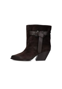 Brown suede ankle boot with a pointed toe, wrapped belt detail, and a mid-heel. Features smooth texture and subtle sheen.