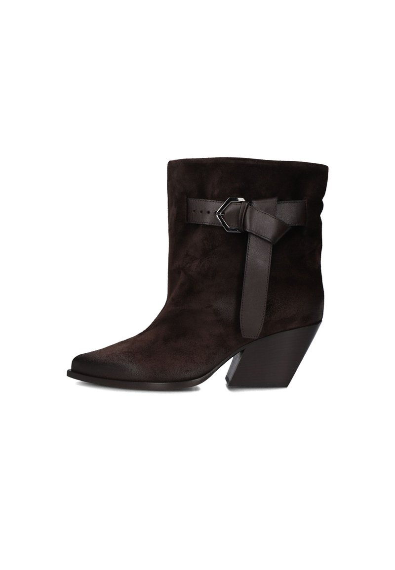 Brown suede ankle boot with a pointed toe, wrapped belt detail, and a mid-heel. Features smooth texture and subtle sheen.