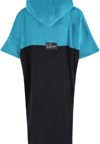 Huppupaita pehmeästä froteekankaasta, jossa on teal-yksivärinen yläosa ja musta alaosa, edessä keskellä etiketti, jossa lukee "the PONCHINO".