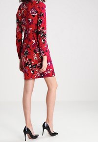 Nainen seisoo, yllään punainen kukallinen pitkähiha Dress ja mustat korkokengät, tasaisen vaalean taustan edessä.