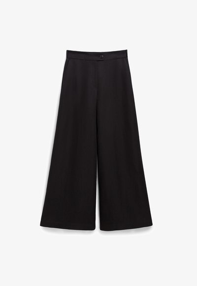 Mustat leveät housut, joissa on sileä pinta, nappikiinnitys vyötäröllä ja rento istuvuus. Ei näkyviä kuvioita tai koristeita.