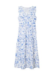 Robe blanche avec des motifs bleus illustrant diverses scènes, dotée d'un décolleté en V, de manches volantées et d'une jupe évasée. Texture de tissu lisse.